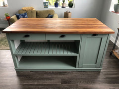 Custom Butcher Block Kitchen Island with Seating Option, Dining Table with Storage, Trash Bin, Shelving