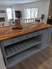 Custom Butcher Block Kitchen Island with Seating Option, Dining Table with Storage, Trash Bin, Shelving
