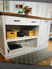 Custom Butcher Block Kitchen Island with Seating Option, Dining Table with Storage, Trash Bin, Shelving