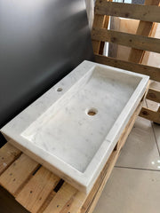 Carrara Marble Wall Mount Sink, White Vanity, Rectangular Basin