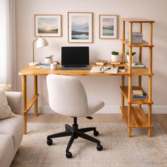 Solid Beech Wood Desk with Bookshelf - Mid-Century Modern Home Office