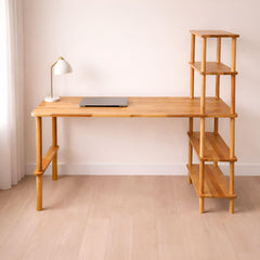 Solid Beech Wood Desk with Bookshelf - Mid-Century Modern Home Office