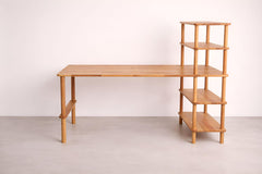 Solid Beech Wood Desk with Bookshelf - Mid-Century Modern Home Office