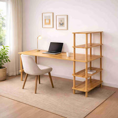 Solid Beech Wood Desk with Bookshelf - Mid-Century Modern Home Office