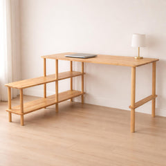 Solid Beech Wood Computer Desk with Bookshelf - Minimalist Home Office