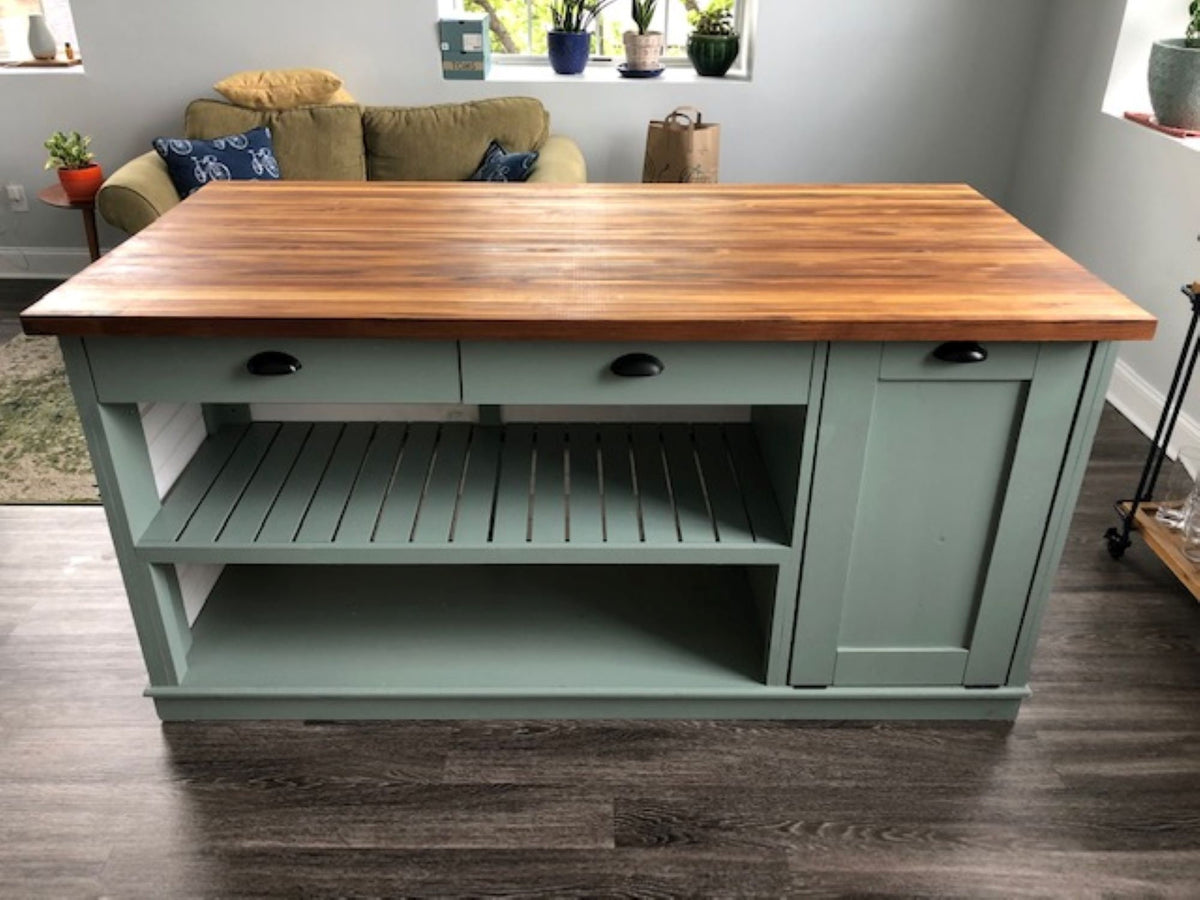 Custom Butcher Block Kitchen Island with Seating Option, Dining Table with Storage, Trash Bin, Shelving