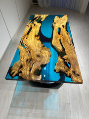 Custom Ocean Blue Epoxy Resin Table: Live Edge Olive Wood