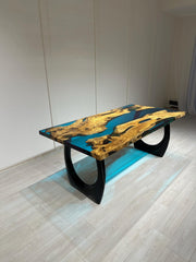 Custom Ocean Blue Epoxy Resin Table: Live Edge Olive Wood