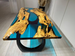 Custom Ocean Blue Epoxy Resin Table: Live Edge Olive Wood