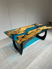 Custom Ocean Blue Epoxy Resin Table: Live Edge Olive Wood