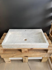 Carrara Marble Wall Mount Sink, White Vanity, Rectangular Basin
