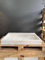 Carrara Marble Wall Mount Sink, White Vanity, Rectangular Basin