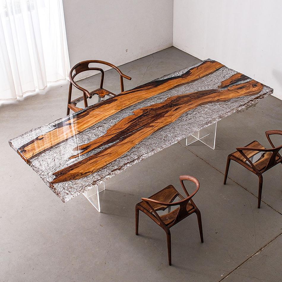 Custom Epoxy Resin River Dining Table: Live Edge Wood & Crystal