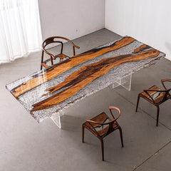 Custom Epoxy Resin River Dining Table: Live Edge Wood & Crystal