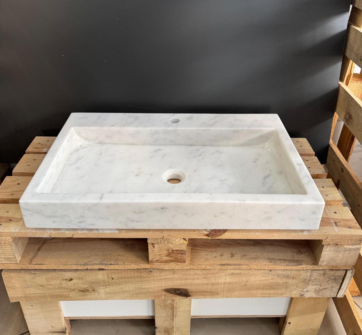 Carrara Marble Wall Mount Sink, White Vanity, Rectangular Basin