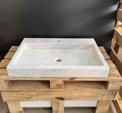 Carrara Marble Wall Mount Sink, White Vanity, Rectangular Basin