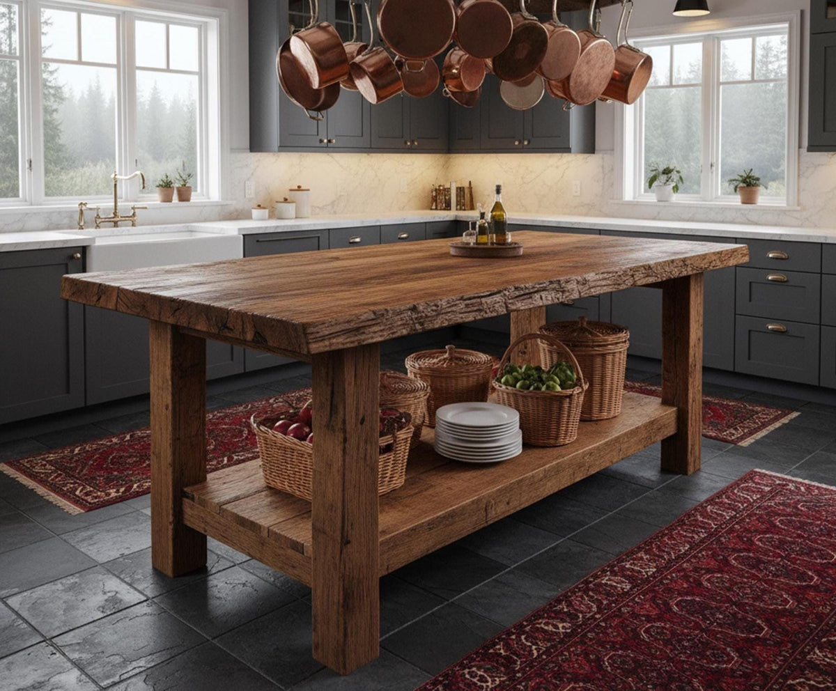 Kitchen Island Table: Rustic Wood with Storage - Handcrafted Design