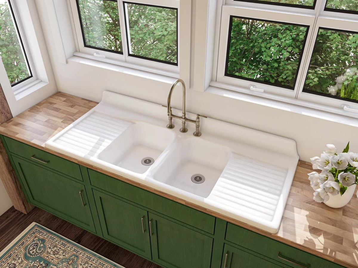 60" x 25" Double Bowl, Double Drainboard Farmhouse Sink Reproduction Model #DBDW6025