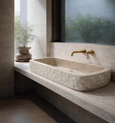 Travertine Vessel Sink, Chiseled Split Face Basin for Vanity
