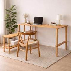 Solid Beech Wood Computer Desk with Bookshelf - Minimalist Home Office