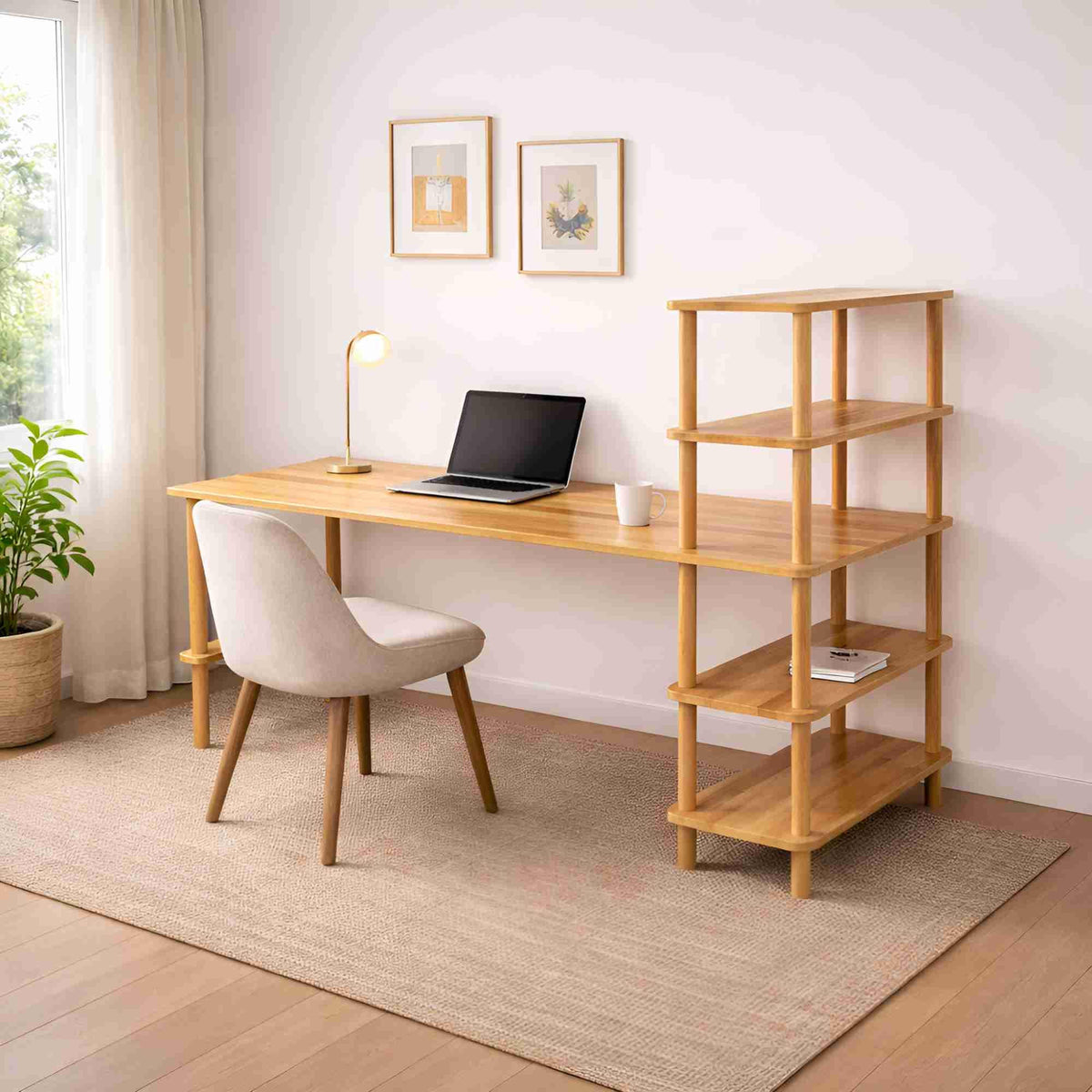 Solid Beech Wood Desk with Bookshelf - Mid-Century Modern Home Office