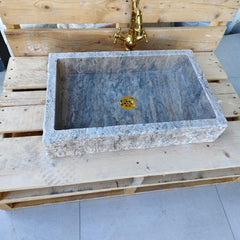 Silver Travertine Vessel Sink, Natural Stone Bathroom Washbasin