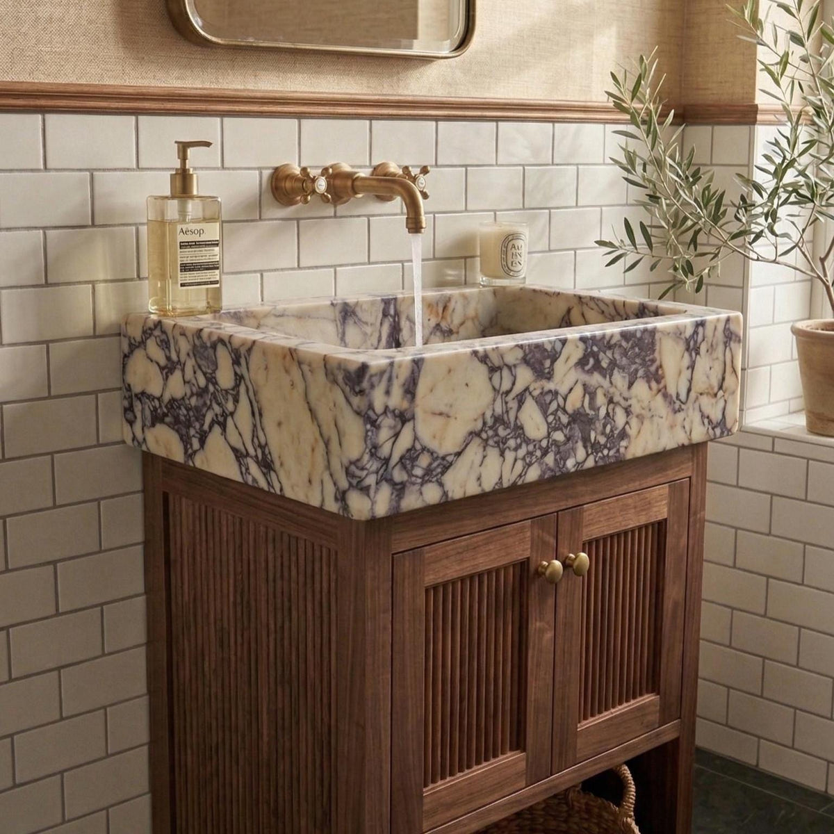 Calacatta Viola Marble Sink, Countertop Basin, Powder Room Vessel Sink