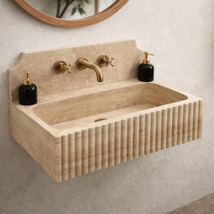 Fluted Travertine Sink: Wall Mounted Natural Stone Bathroom Vanity