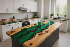 Handmade Olive Wood Countertop: Emerald Green River Epoxy Resin Kitchen Island Slab