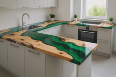 Handmade Olive Wood Countertop: Emerald Green River Epoxy Resin Kitchen Island Slab