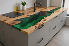 Handmade Olive Wood Countertop: Emerald Green River Epoxy Resin Kitchen Island Slab