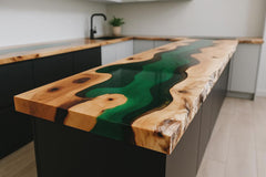 Handmade Olive Wood Countertop: Emerald Green River Epoxy Resin Kitchen Island Slab